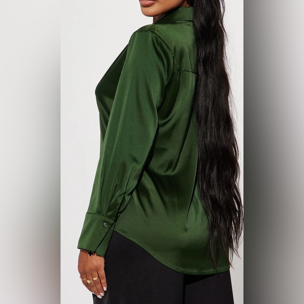Fashion Nova Deep Green Satin Button Down Shirt - Picture 3 of 3